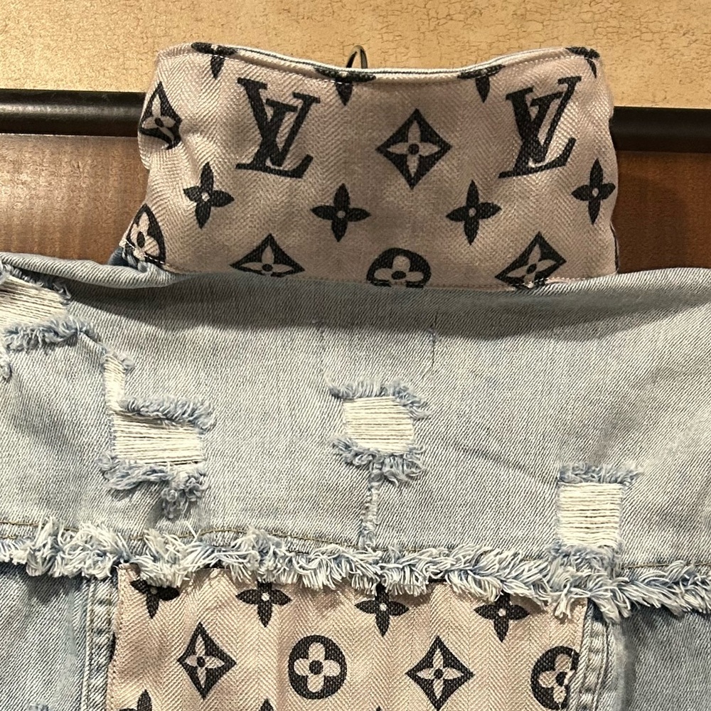 NWT heavily distressed denim jacket w/ Louis Vuitton tan and black scarf print. - Picture 10 of 10